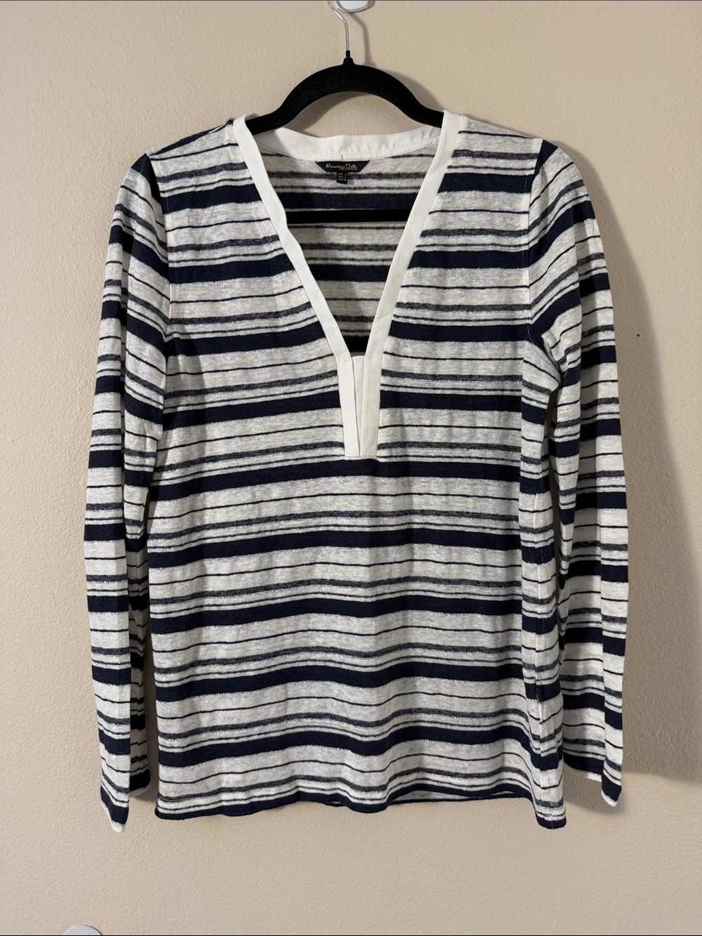 Massimo Dutti Linen Blend Navy White Striped V-Neck Long Sleeve Top Size S